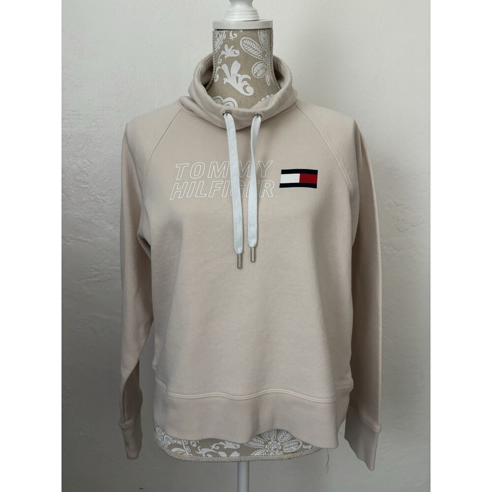 Tommy Hilfiger Womens Small Cream Cropped Pullover Hoodie Sweatshirt Embroidered